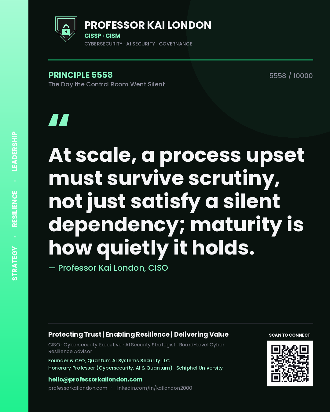 Quote card by Professor Kai London reading 'At scale, a process upset must survive scrutiny, not just satisfy a silent dependency; maturity is how quietly it holds.'. From the book The Day the Control Room Went Silent.