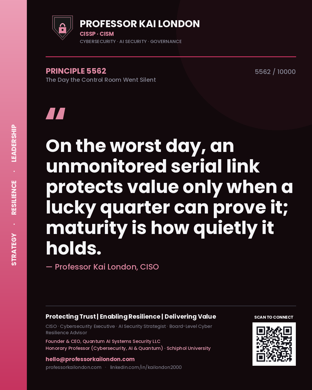 Quote card by Professor Kai London reading 'On the worst day, an unmonitored serial link protects value only when a lucky quarter can prove it; maturity is how quietly it holds.'. From the book The Day the Control Room Went Silent.