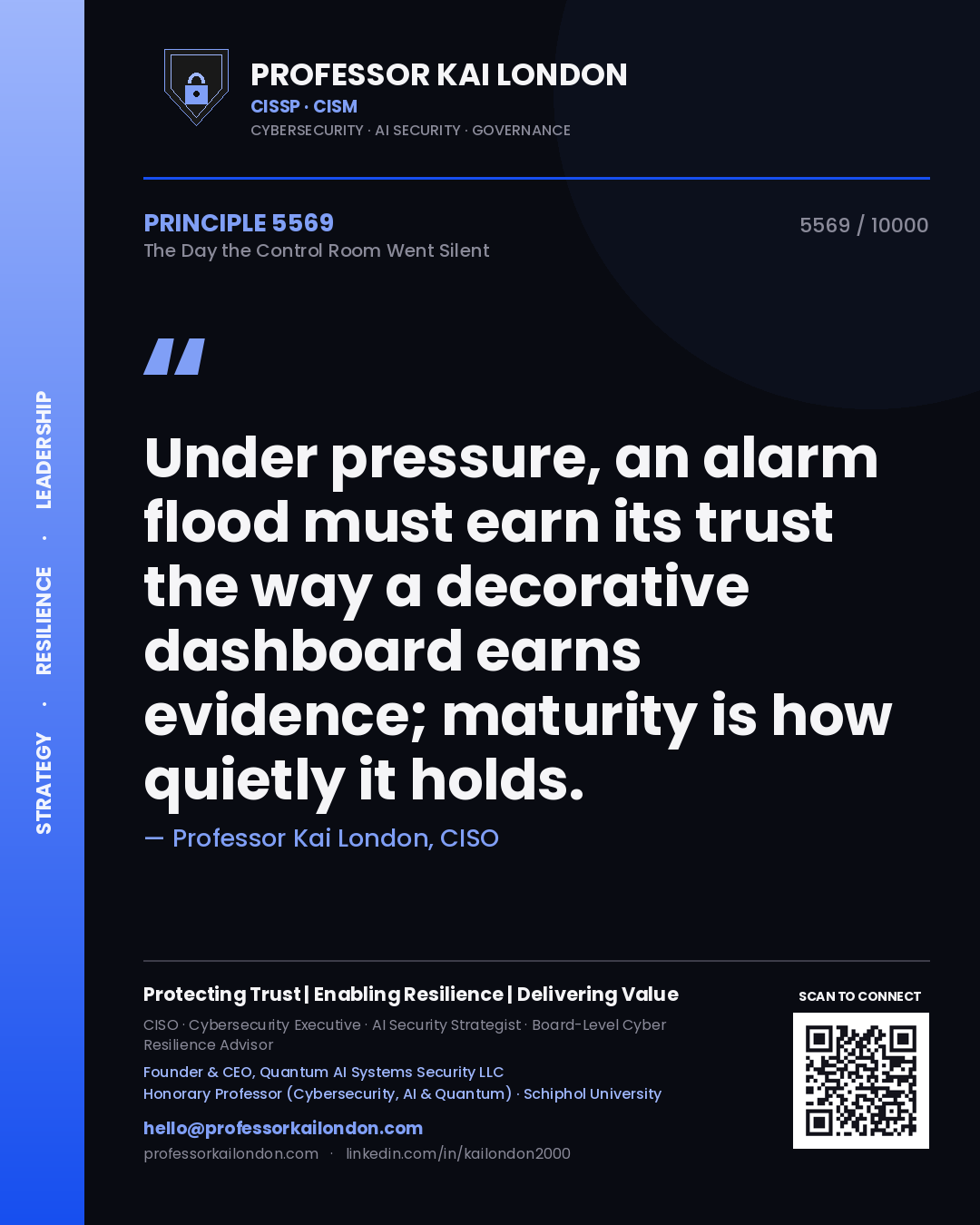 Quote card by Professor Kai London reading 'Under pressure, an alarm flood must earn its trust the way a decorative dashboard earns evidence; maturity is how quietly it holds.'. From the book The Day the Control Room Went Silent.