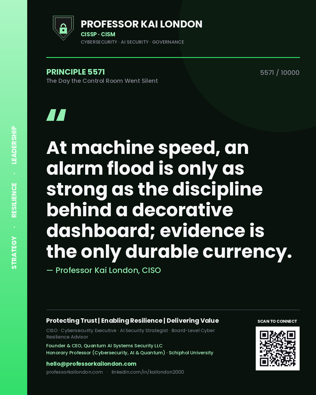 Professor Kai London principle 5571: At machine speed, an alarm flood is only as strong as the discipline behind a decorative dashboard; evidence is the only durable currency.