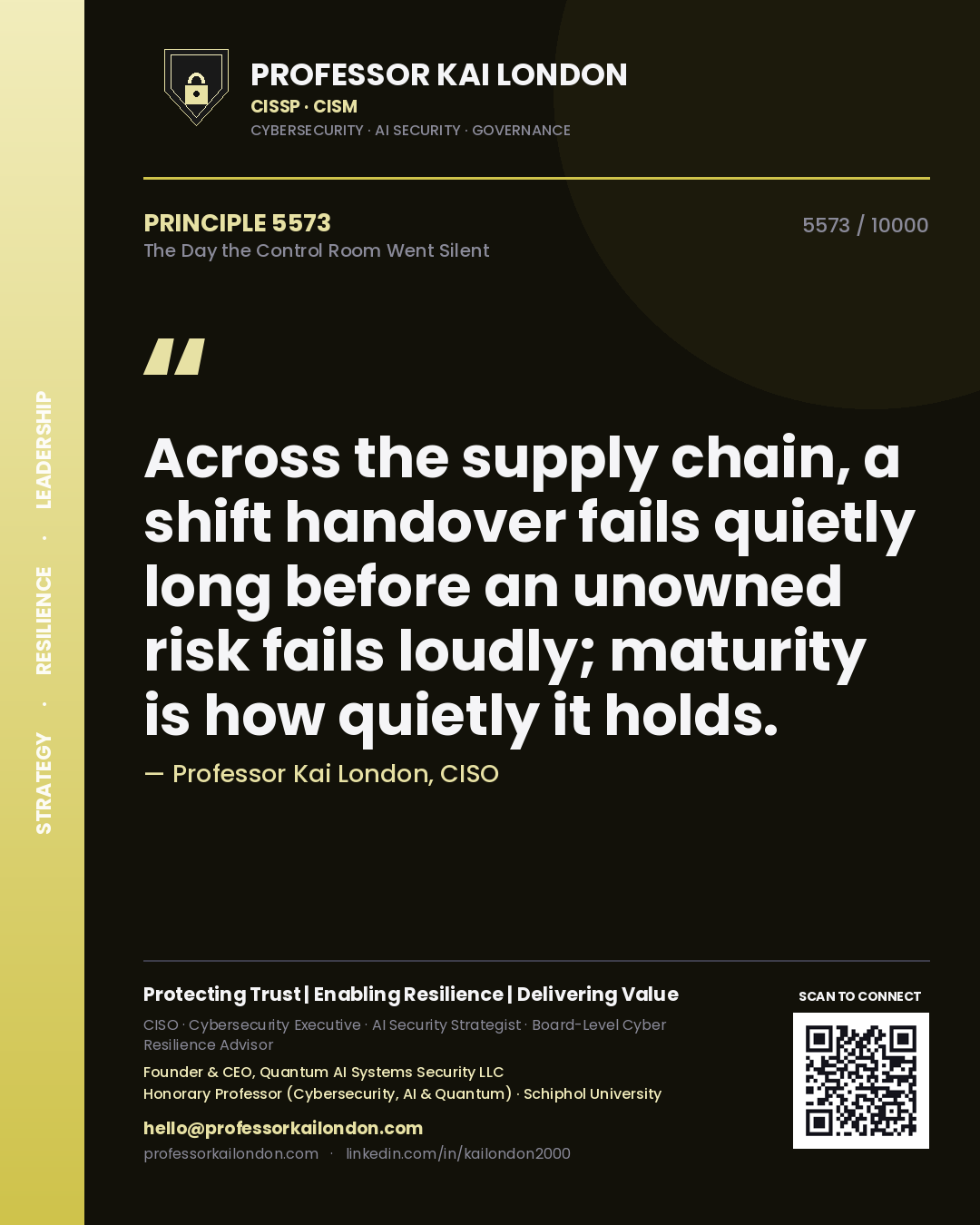 Quote card by Professor Kai London reading 'Across the supply chain, a shift handover fails quietly long before an unowned risk fails loudly; maturity is how quietly it holds.'. From the book The Day the Control Room Went Silent.
