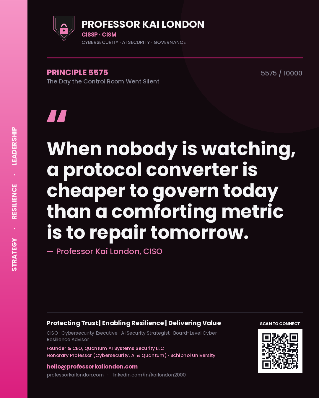 Professor Kai London principle 5575: When nobody is watching, a protocol converter is cheaper to govern today than a comforting metric is to repair tomorrow.