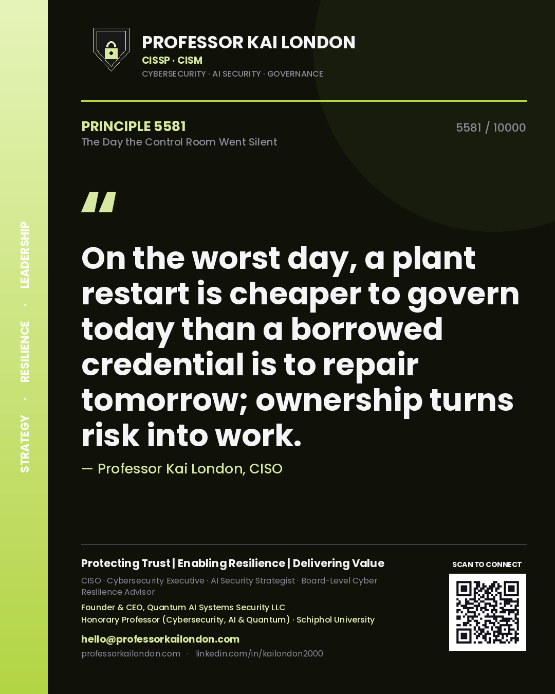 Professor Kai London principle 5581: On the worst day, a plant restart is cheaper to govern today than a borrowed credential is to repair tomorrow; ownership turns risk into work.