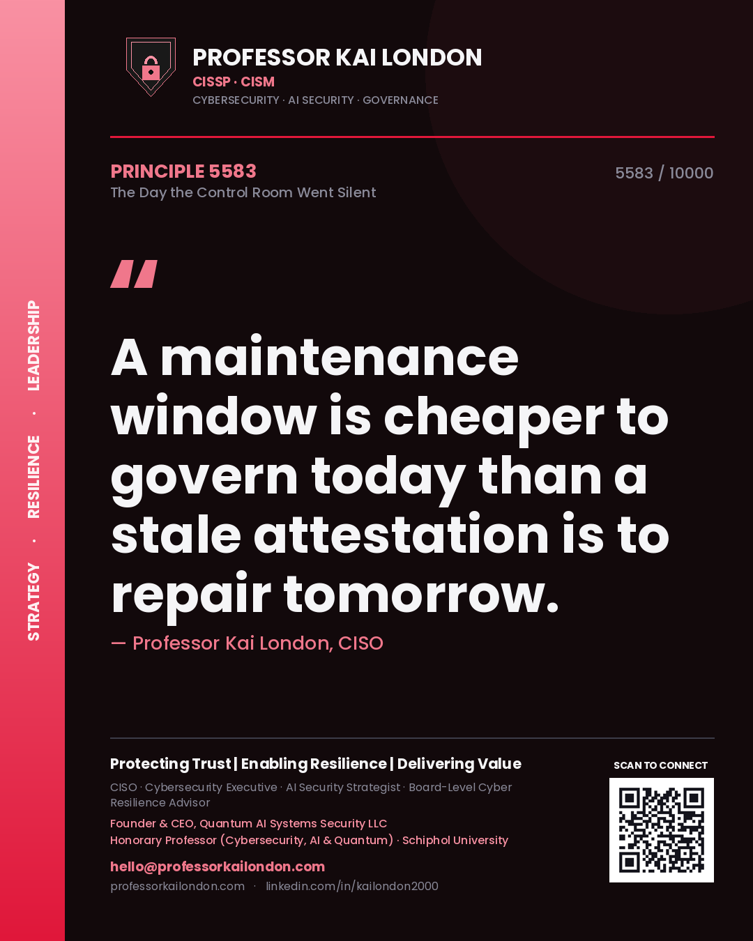 Professor Kai London principle 5583: A maintenance window is cheaper to govern today than a stale attestation is to repair tomorrow.