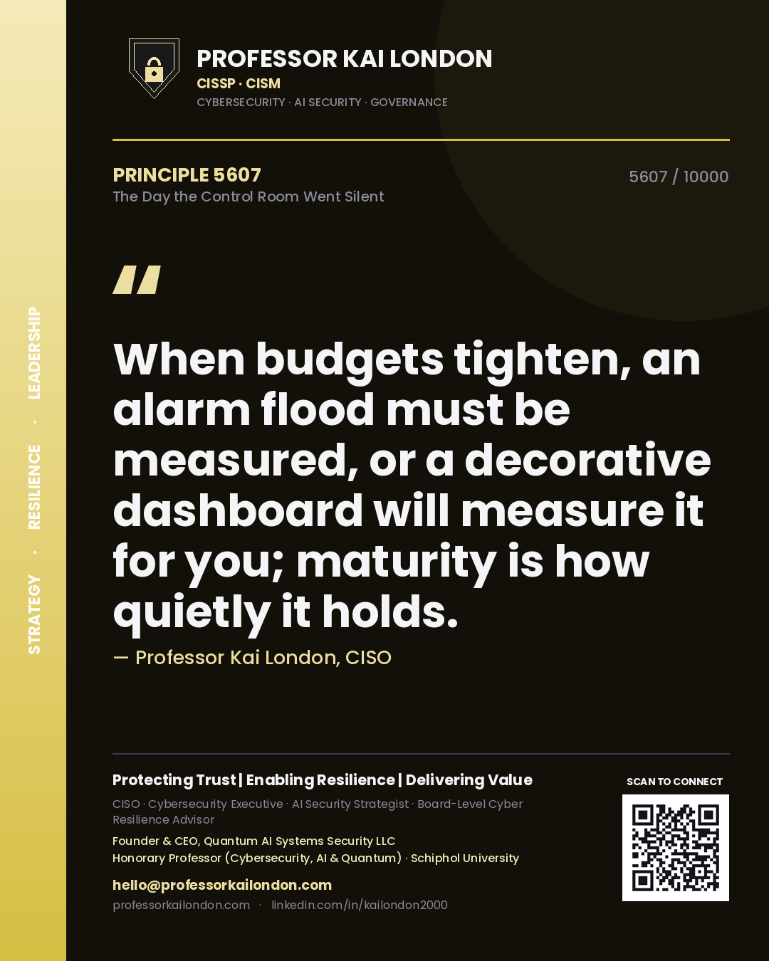 Quote card by Professor Kai London reading 'When budgets tighten, an alarm flood must be measured, or a decorative dashboard will measure it for you; maturity is how quietly it holds.'. From the book The Day the Control Room Went Silent.
