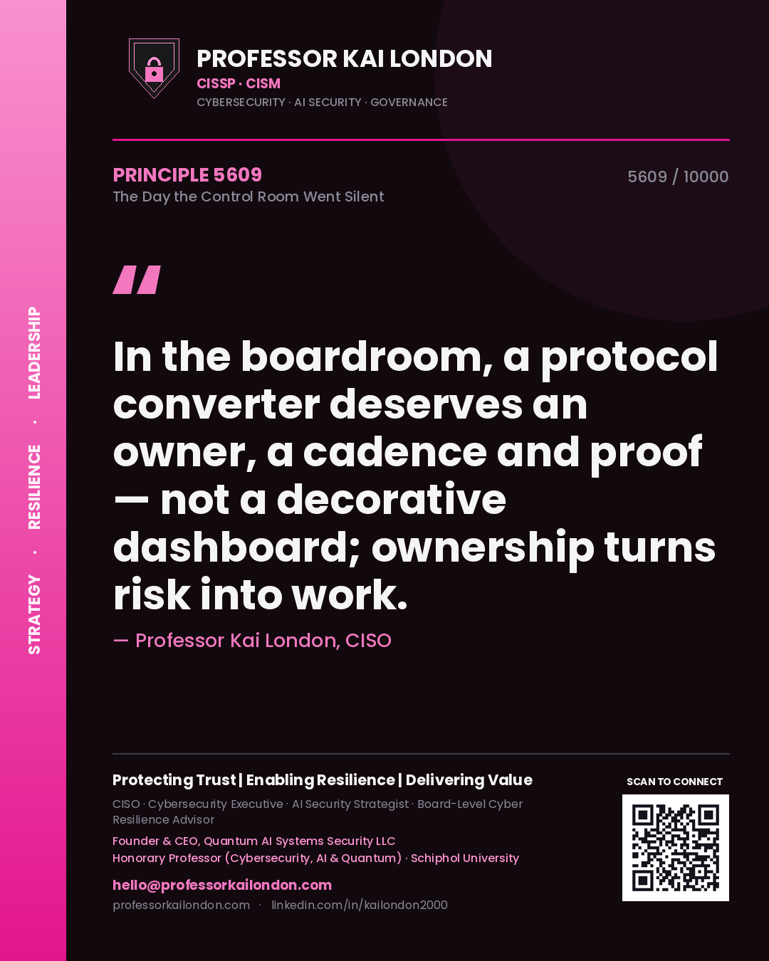 Professor Kai London principle 5609: In the boardroom, a protocol converter deserves an owner, a cadence and proof — not a decorative dashboard; ownership turns risk into work.