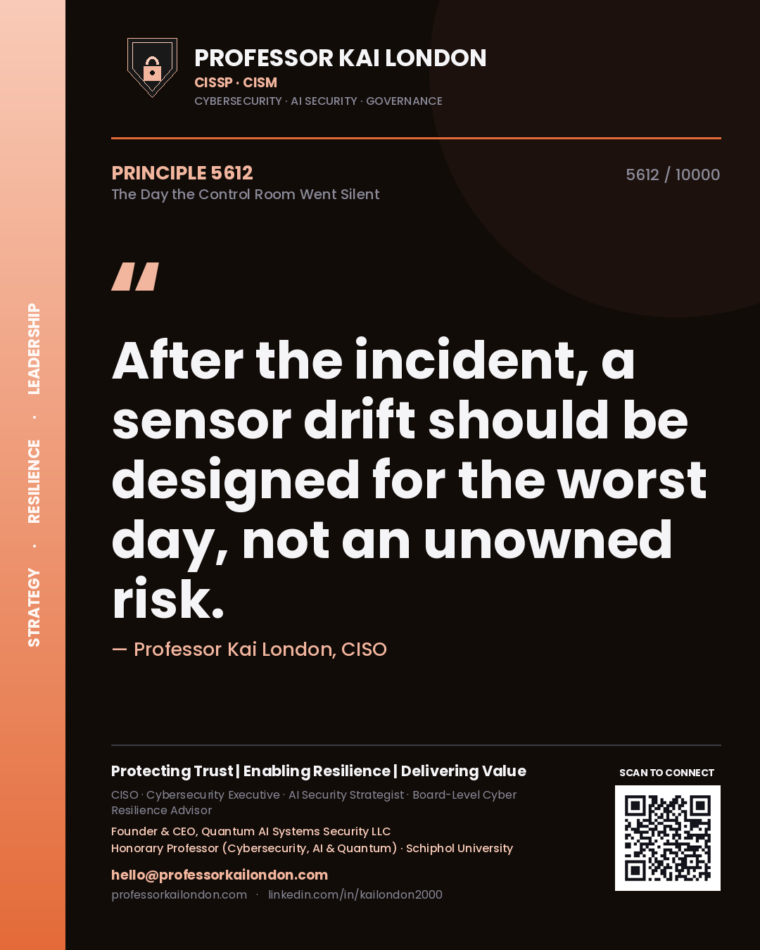 Quote card by Professor Kai London reading 'After the incident, a sensor drift should be designed for the worst day, not an unowned risk.'. From the book The Day the Control Room Went Silent.