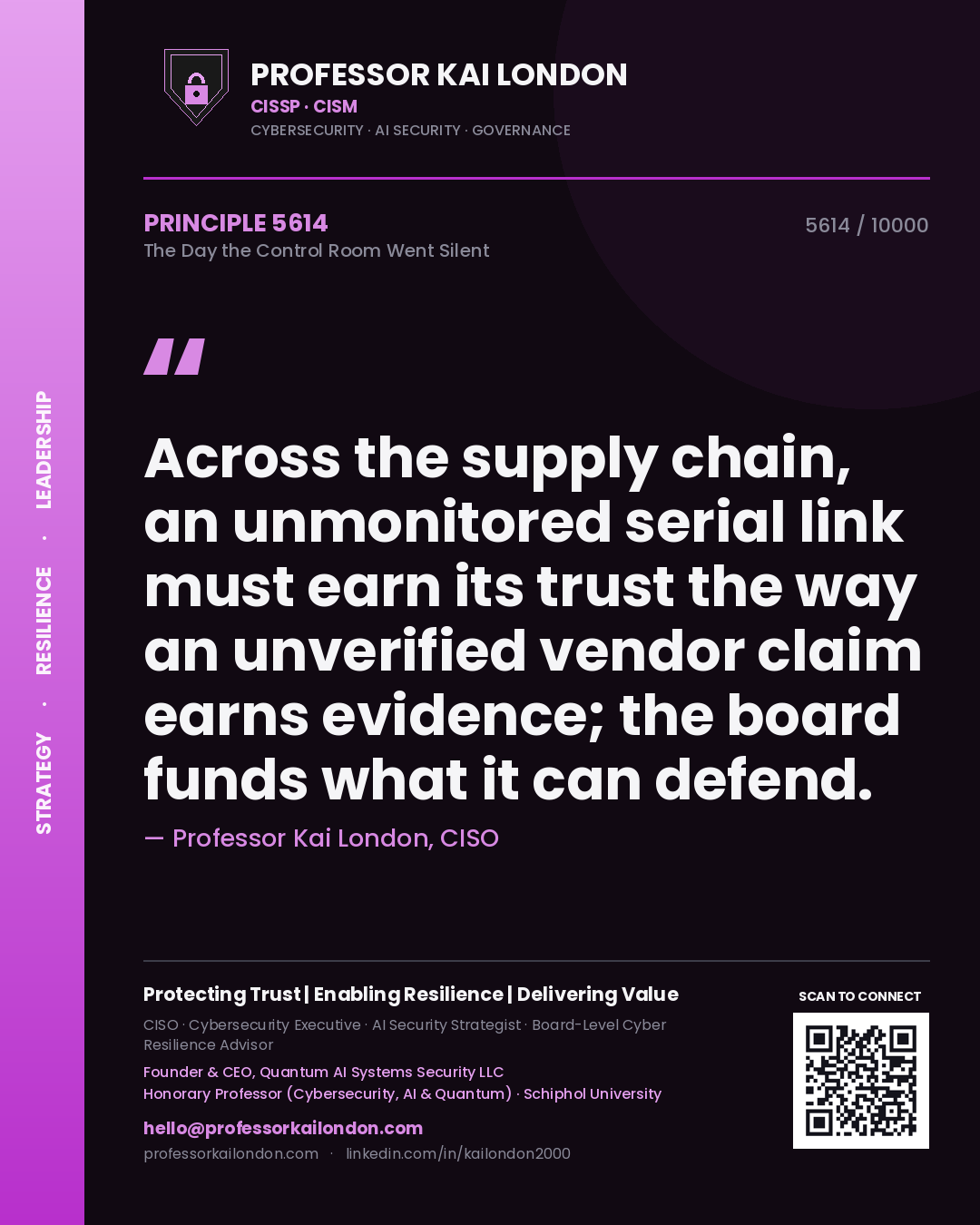 Quote card by Professor Kai London reading 'Across the supply chain, an unmonitored serial link must earn its trust the way an unverified vendor claim earns evidence; the board funds what it can defend.'. From the book The Day the Control Room Went Silent.