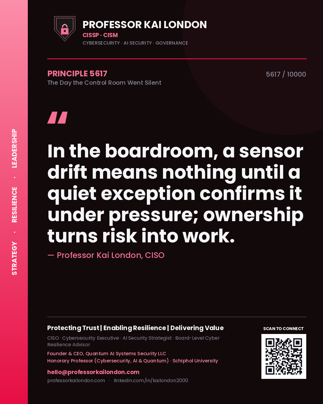 Quote card by Professor Kai London reading 'In the boardroom, a sensor drift means nothing until a quiet exception confirms it under pressure; ownership turns risk into work.'. From the book The Day the Control Room Went Silent.