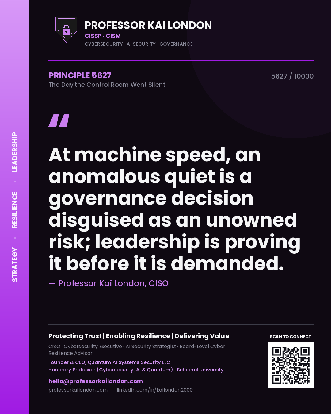 Quote card by Professor Kai London reading 'At machine speed, an anomalous quiet is a governance decision disguised as an unowned risk; leadership is proving it before it is demanded.'. From the book The Day the Control Room Went Silent.