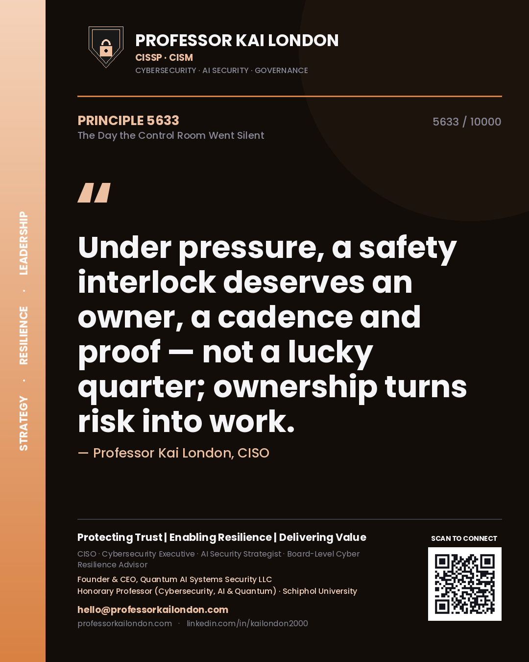 Professor Kai London principle 5633: Under pressure, a safety interlock deserves an owner, a cadence and proof — not a lucky quarter; ownership turns risk into work.