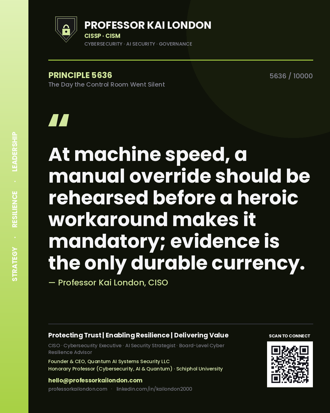 Professor Kai London principle 5636: At machine speed, a manual override should be rehearsed before a heroic workaround makes it mandatory; evidence is the only durable currency.