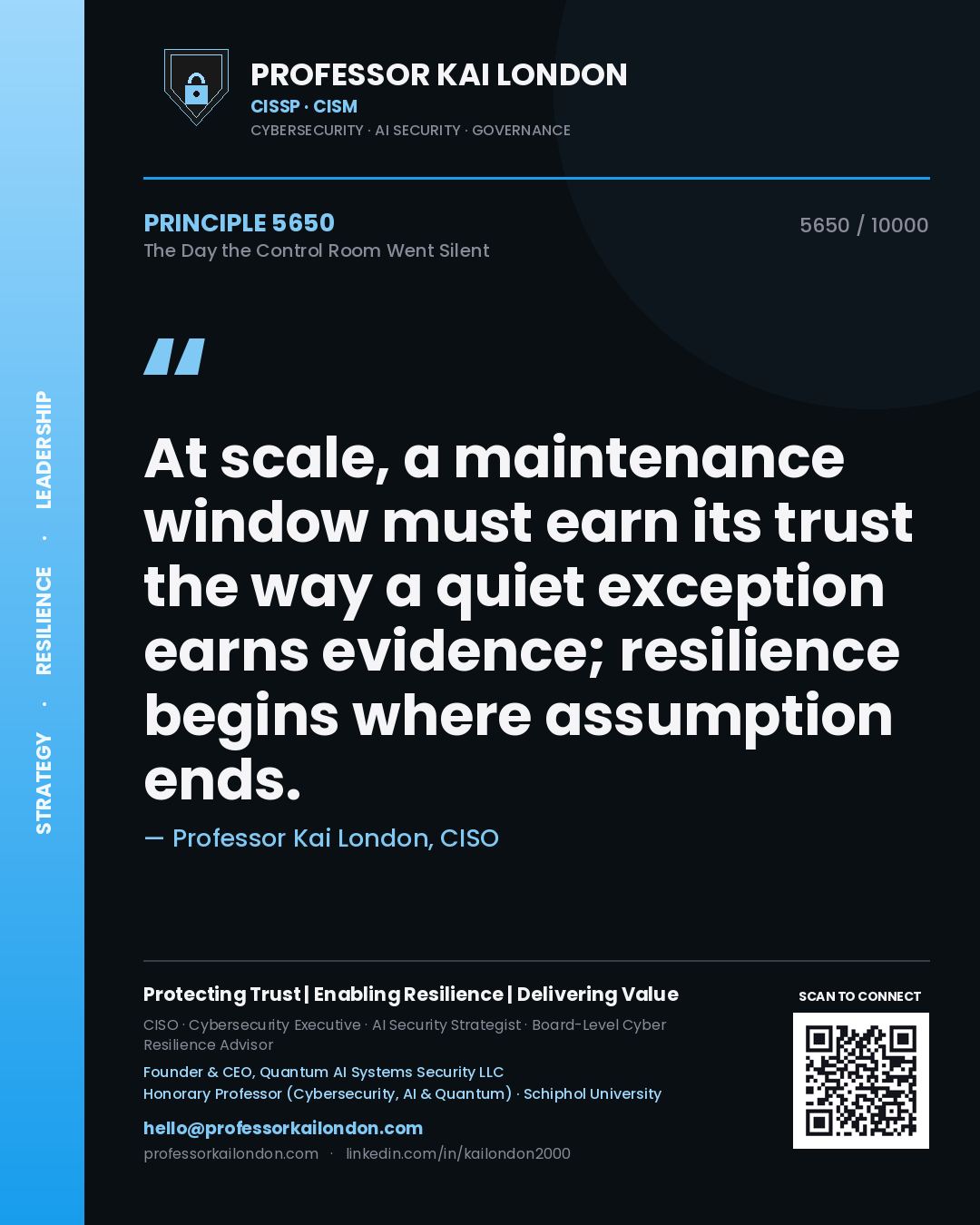 Professor Kai London principle 5650: At scale, a maintenance window must earn its trust the way a quiet exception earns evidence; resilience begins where assumption ends.
