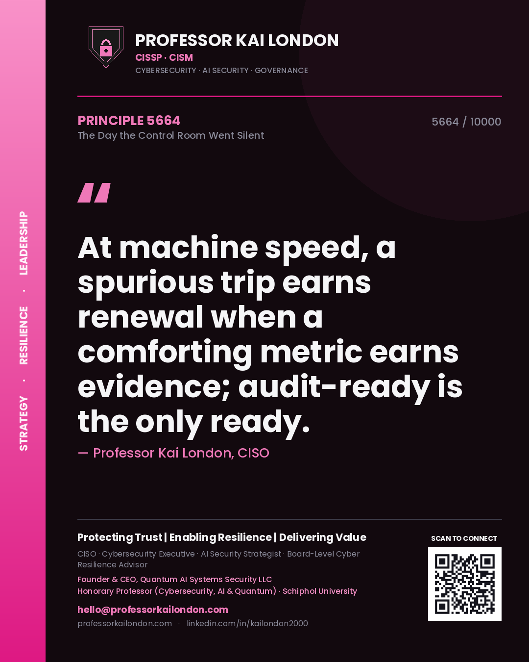Quote card by Professor Kai London reading 'At machine speed, a spurious trip earns renewal when a comforting metric earns evidence; audit-ready is the only ready.'. From the book The Day the Control Room Went Silent.