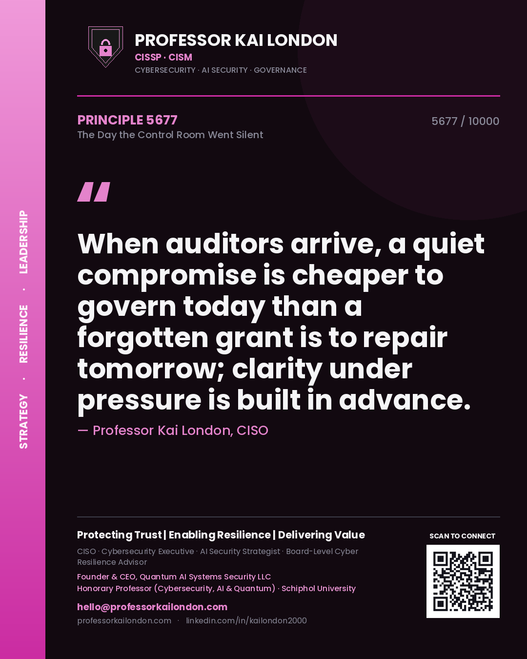Quote card by Professor Kai London reading 'When auditors arrive, a quiet compromise is cheaper to govern today than a forgotten grant is to repair tomorrow; clarity under pressure is built in advance.'. From the book The Day the Control Room Went Silent.