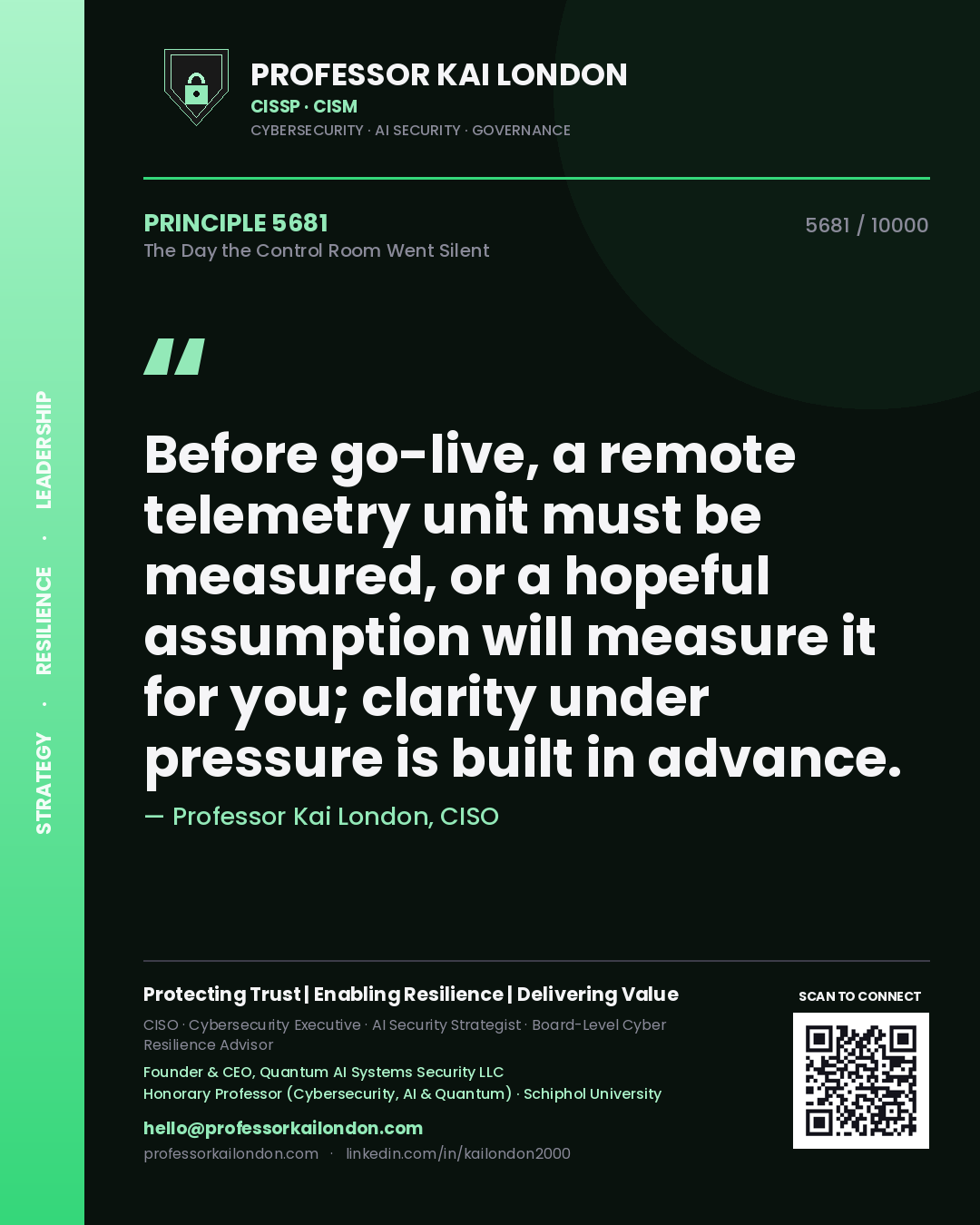 Quote card by Professor Kai London reading 'Before go-live, a remote telemetry unit must be measured, or a hopeful assumption will measure it for you; clarity under pressure is built in advance.'. From the book The Day the Control Room Went Silent.