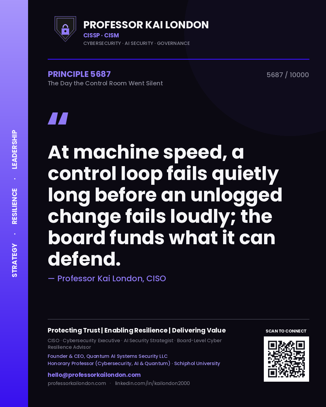 Quote card by Professor Kai London reading 'At machine speed, a control loop fails quietly long before an unlogged change fails loudly; the board funds what it can defend.'. From the book The Day the Control Room Went Silent.