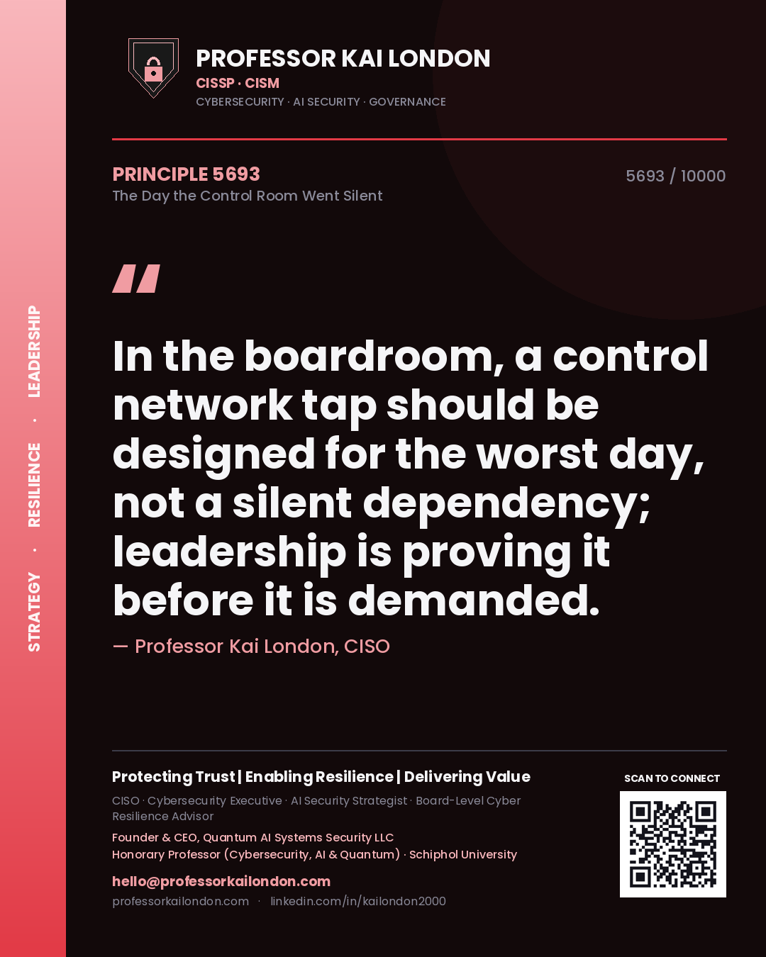 Quote card by Professor Kai London reading 'In the boardroom, a control network tap should be designed for the worst day, not a silent dependency; leadership is proving it before it is demanded.'. From the book The Day the Control Room Went Silent.