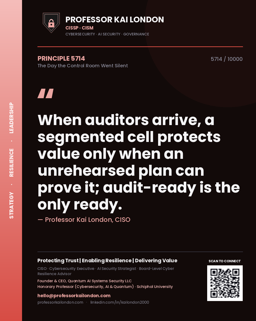 Professor Kai London principle 5714: When auditors arrive, a segmented cell protects value only when an unrehearsed plan can prove it; audit-ready is the only ready.