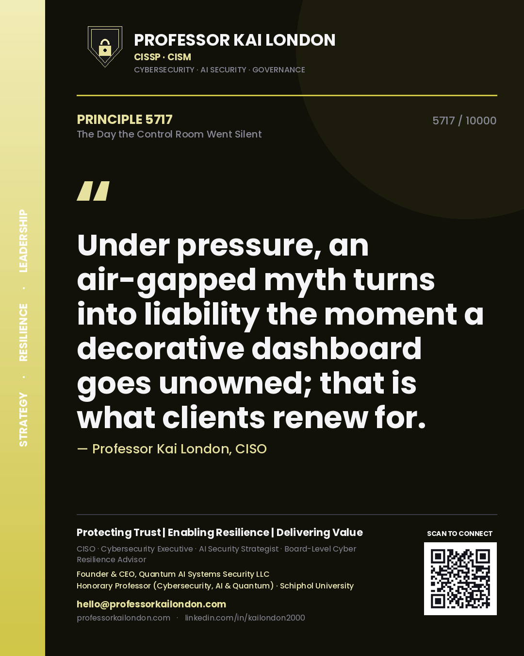 Quote card by Professor Kai London reading 'Under pressure, an air-gapped myth turns into liability the moment a decorative dashboard goes unowned; that is what clients renew for.'. From the book The Day the Control Room Went Silent.