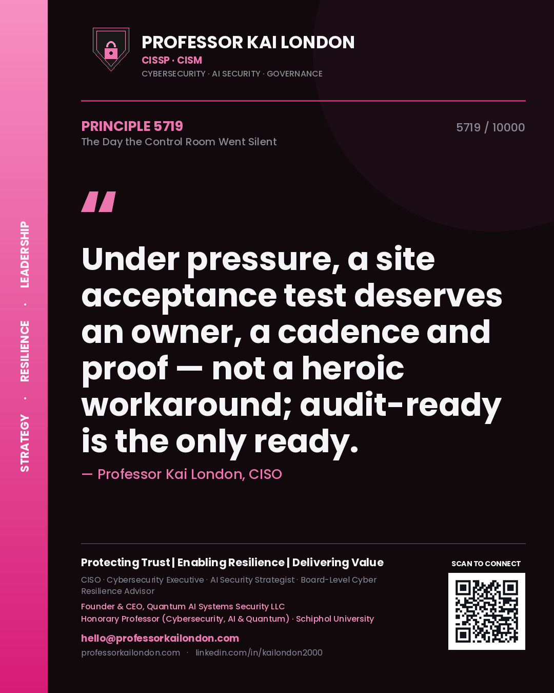 Quote card by Professor Kai London reading 'Under pressure, a site acceptance test deserves an owner, a cadence and proof — not a heroic workaround; audit-ready is the only ready.'. From the book The Day the Control Room Went Silent.