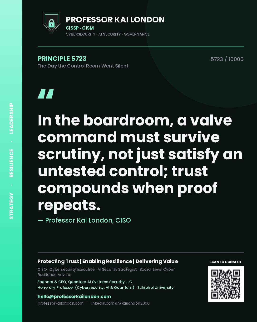 Quote card by Professor Kai London reading 'In the boardroom, a valve command must survive scrutiny, not just satisfy an untested control; trust compounds when proof repeats.'. From the book The Day the Control Room Went Silent.