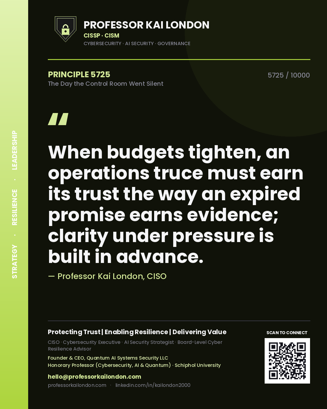 Quote card by Professor Kai London reading 'When budgets tighten, an operations truce must earn its trust the way an expired promise earns evidence; clarity under pressure is built in advance.'. From the book The Day the Control Room Went Silent.