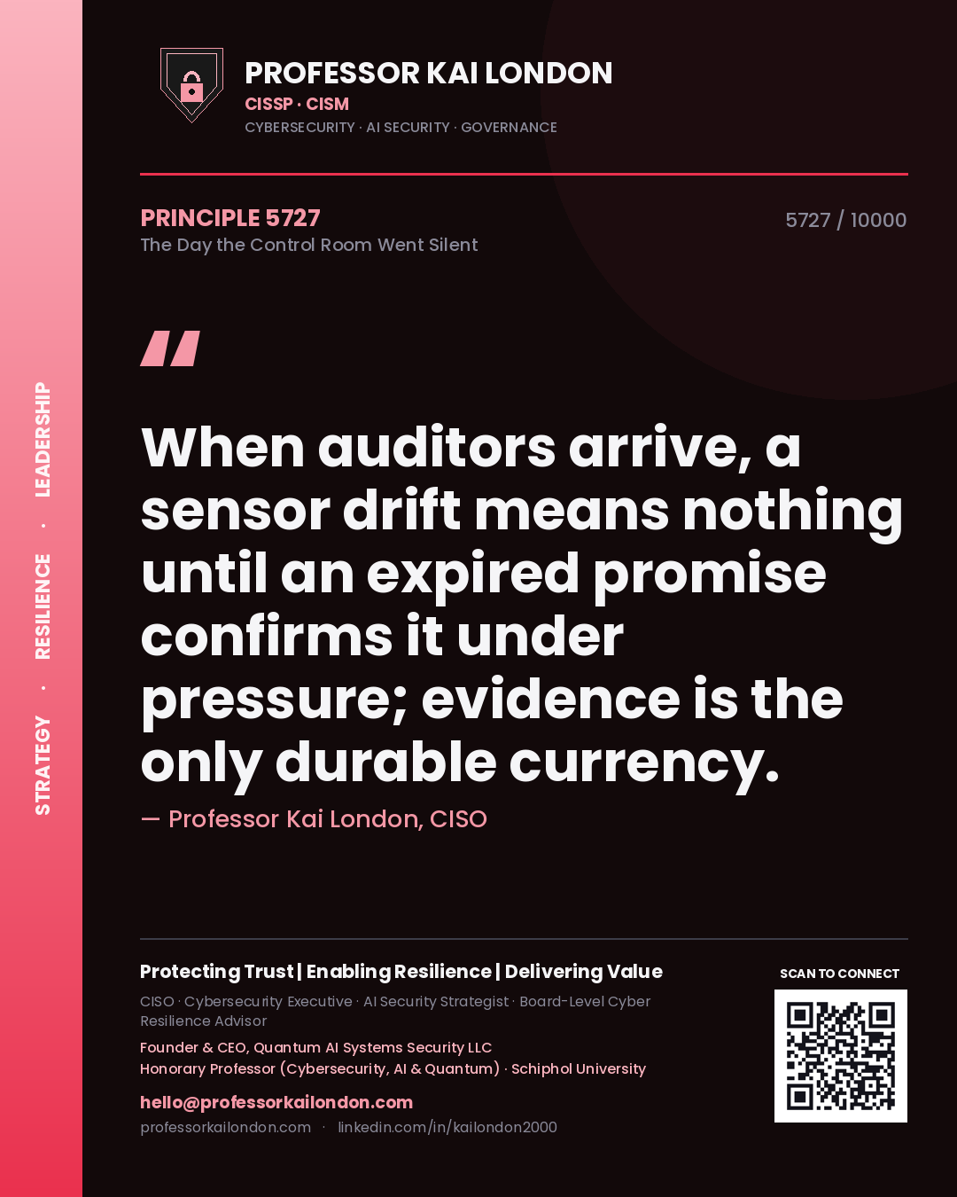 Professor Kai London principle 5727: When auditors arrive, a sensor drift means nothing until an expired promise confirms it under pressure; evidence is the only durable currency.