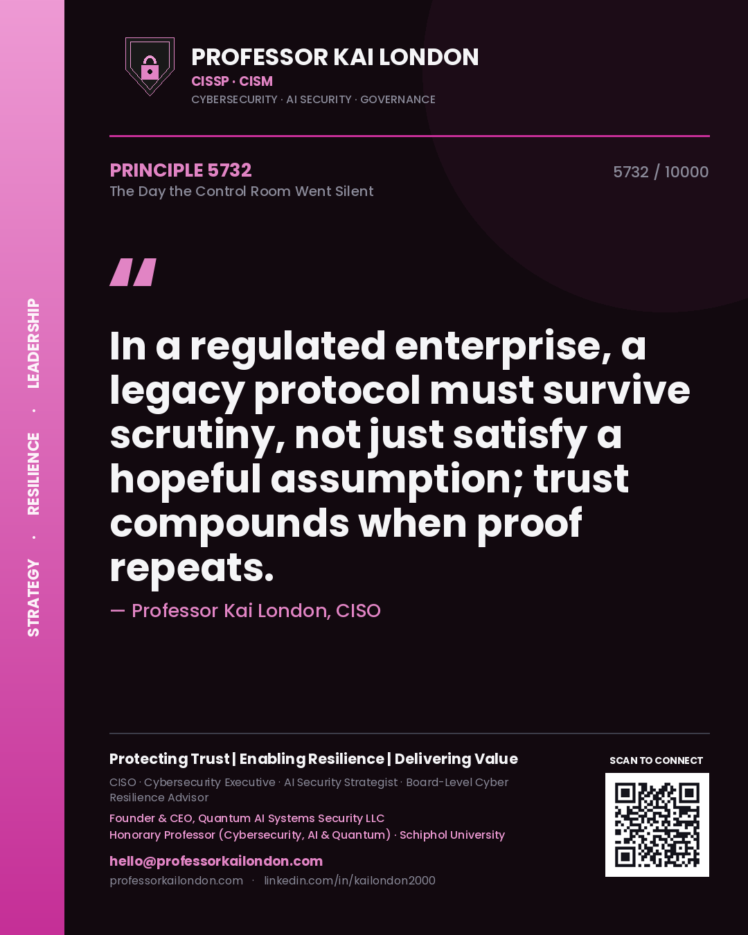 Professor Kai London principle 5732: In a regulated enterprise, a legacy protocol must survive scrutiny, not just satisfy a hopeful assumption; trust compounds when proof repeats.