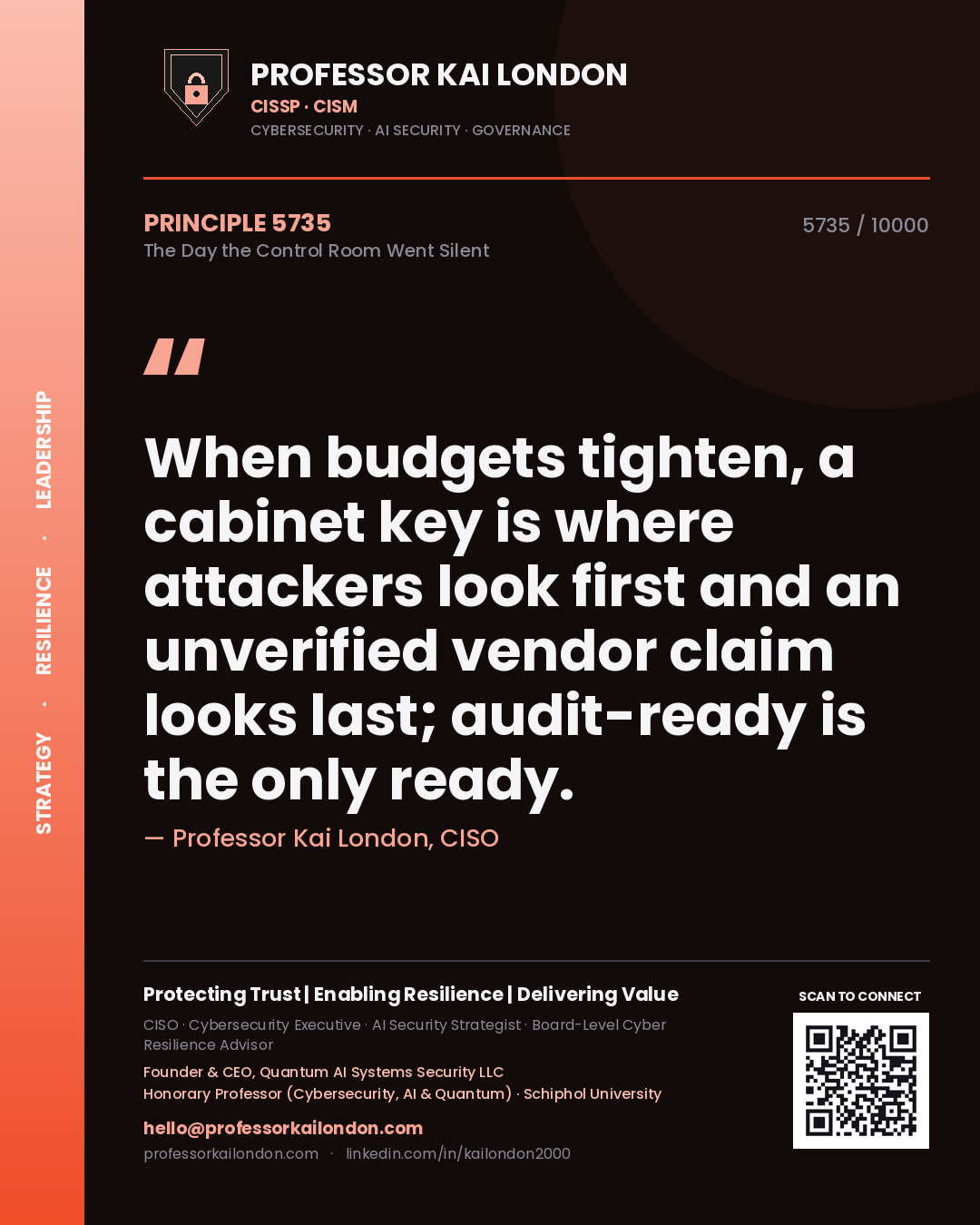 Quote card by Professor Kai London reading 'When budgets tighten, a cabinet key is where attackers look first and an unverified vendor claim looks last; audit-ready is the only ready.'. From the book The Day the Control Room Went Silent.