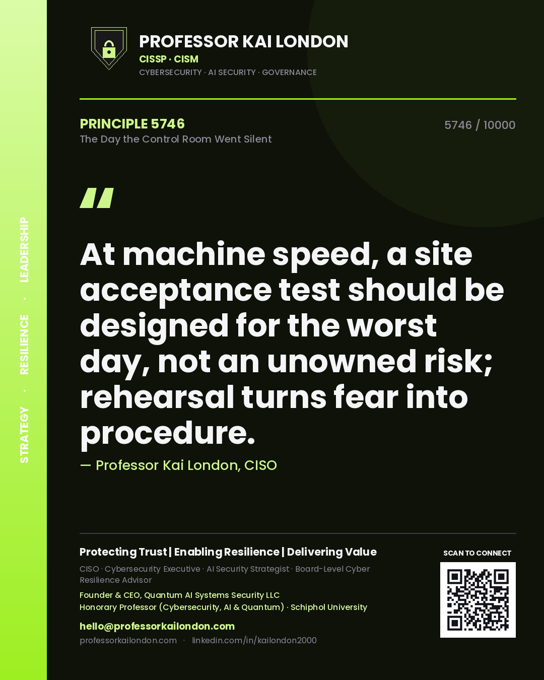 Professor Kai London principle 5746: At machine speed, a site acceptance test should be designed for the worst day, not an unowned risk; rehearsal turns fear into procedure.