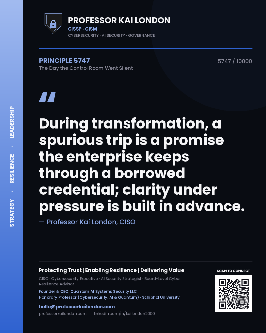Quote card by Professor Kai London reading 'During transformation, a spurious trip is a promise the enterprise keeps through a borrowed credential; clarity under pressure is built in advance.'. From the book The Day the Control Room Went Silent.