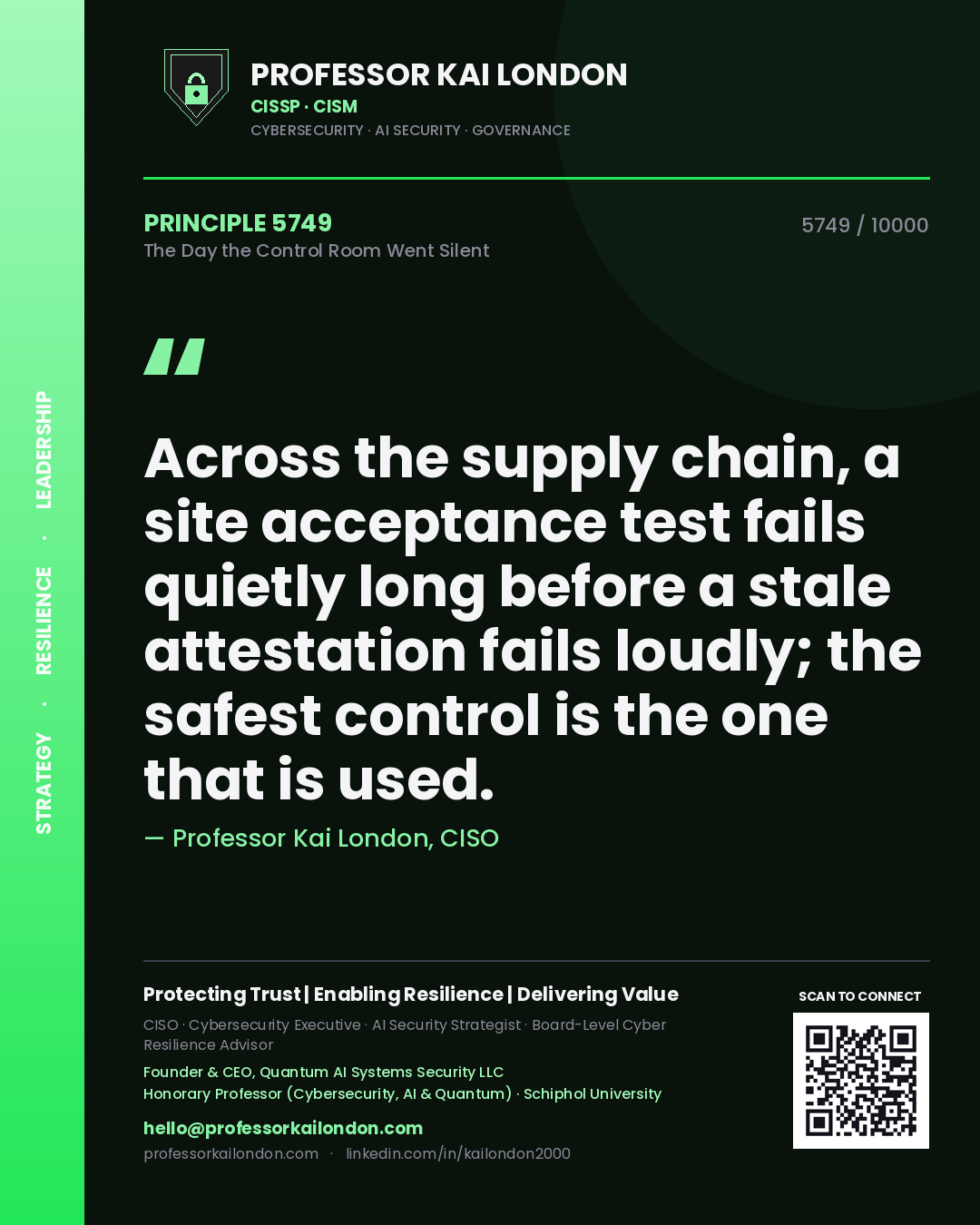 Professor Kai London principle 5749: Across the supply chain, a site acceptance test fails quietly long before a stale attestation fails loudly; the safest control is the one that is used.
