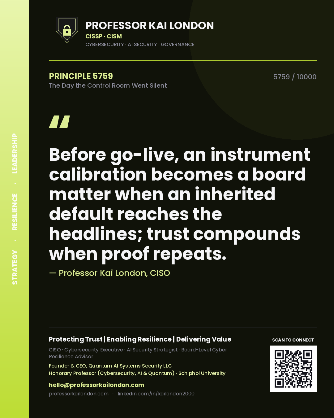 Quote card by Professor Kai London reading 'Before go-live, an instrument calibration becomes a board matter when an inherited default reaches the headlines; trust compounds when proof repeats.'. From the book The Day the Control Room Went Silent.