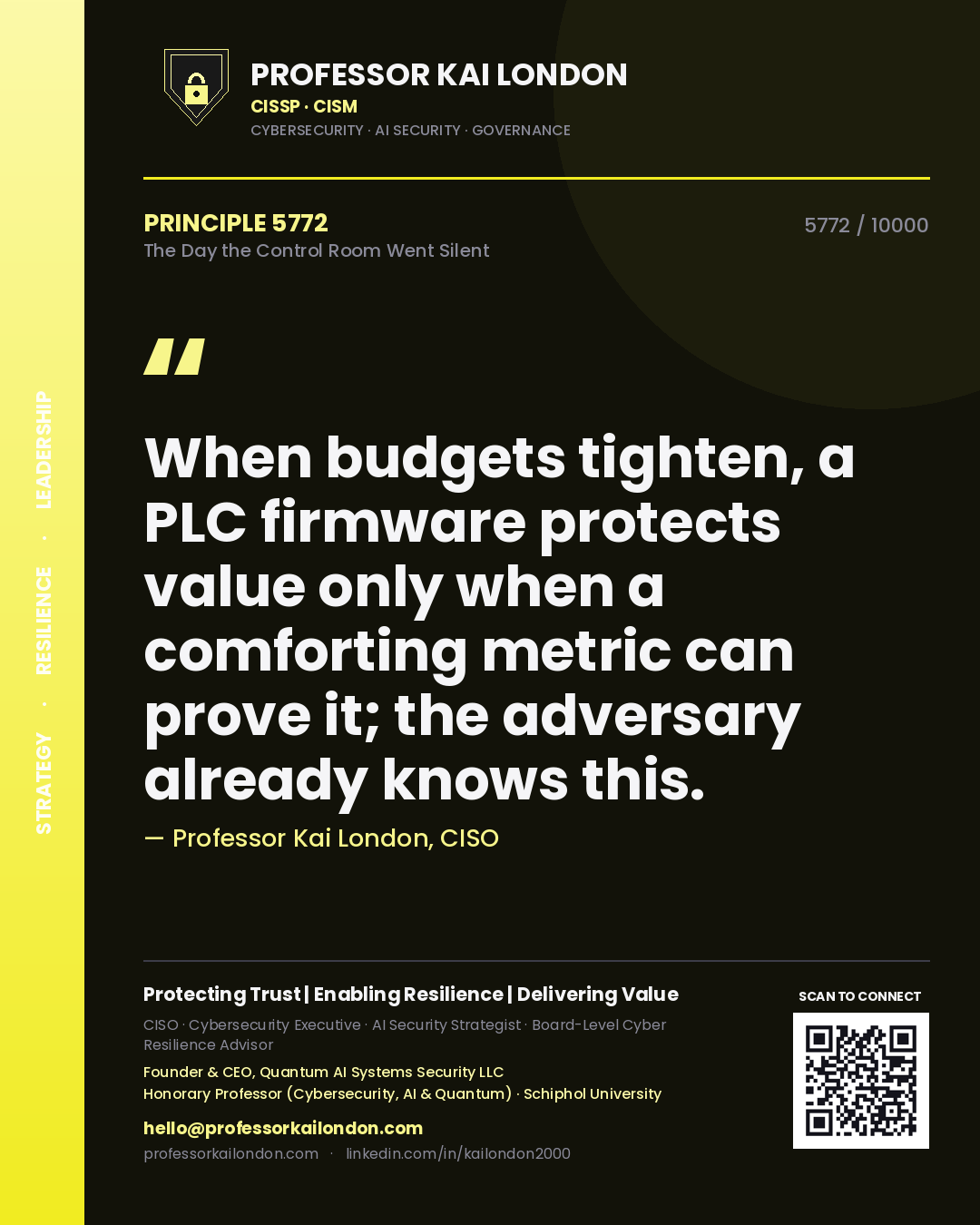 Professor Kai London principle 5772: When budgets tighten, a PLC firmware protects value only when a comforting metric can prove it; the adversary already knows this.