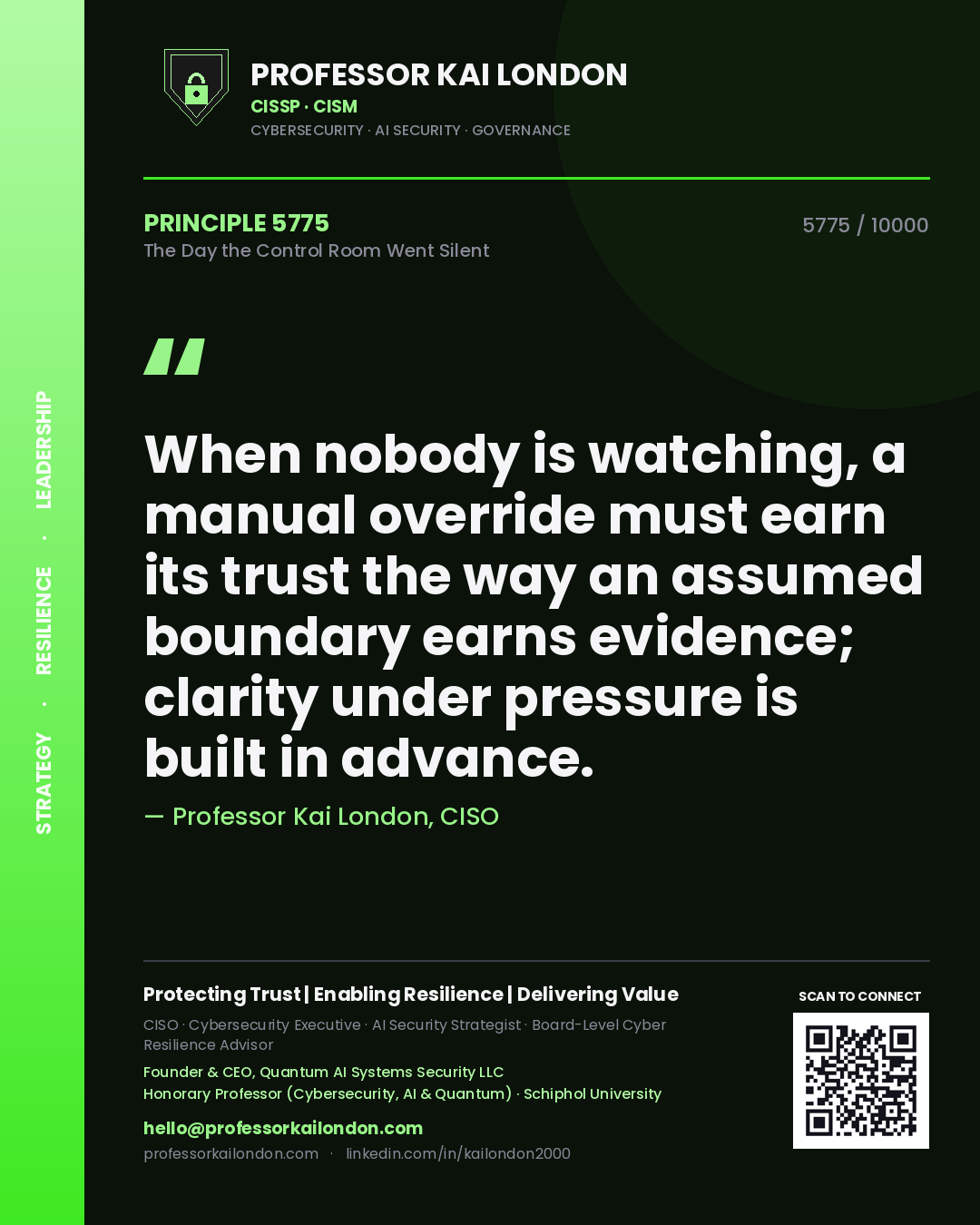 Quote card by Professor Kai London reading 'When nobody is watching, a manual override must earn its trust the way an assumed boundary earns evidence; clarity under pressure is built in advance.'. From the book The Day the Control Room Went Silent.