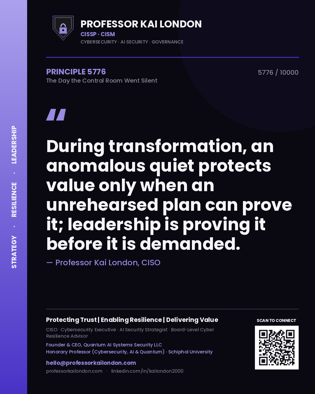 Professor Kai London principle 5776: During transformation, an anomalous quiet protects value only when an unrehearsed plan can prove it; leadership is proving it before it is demanded.