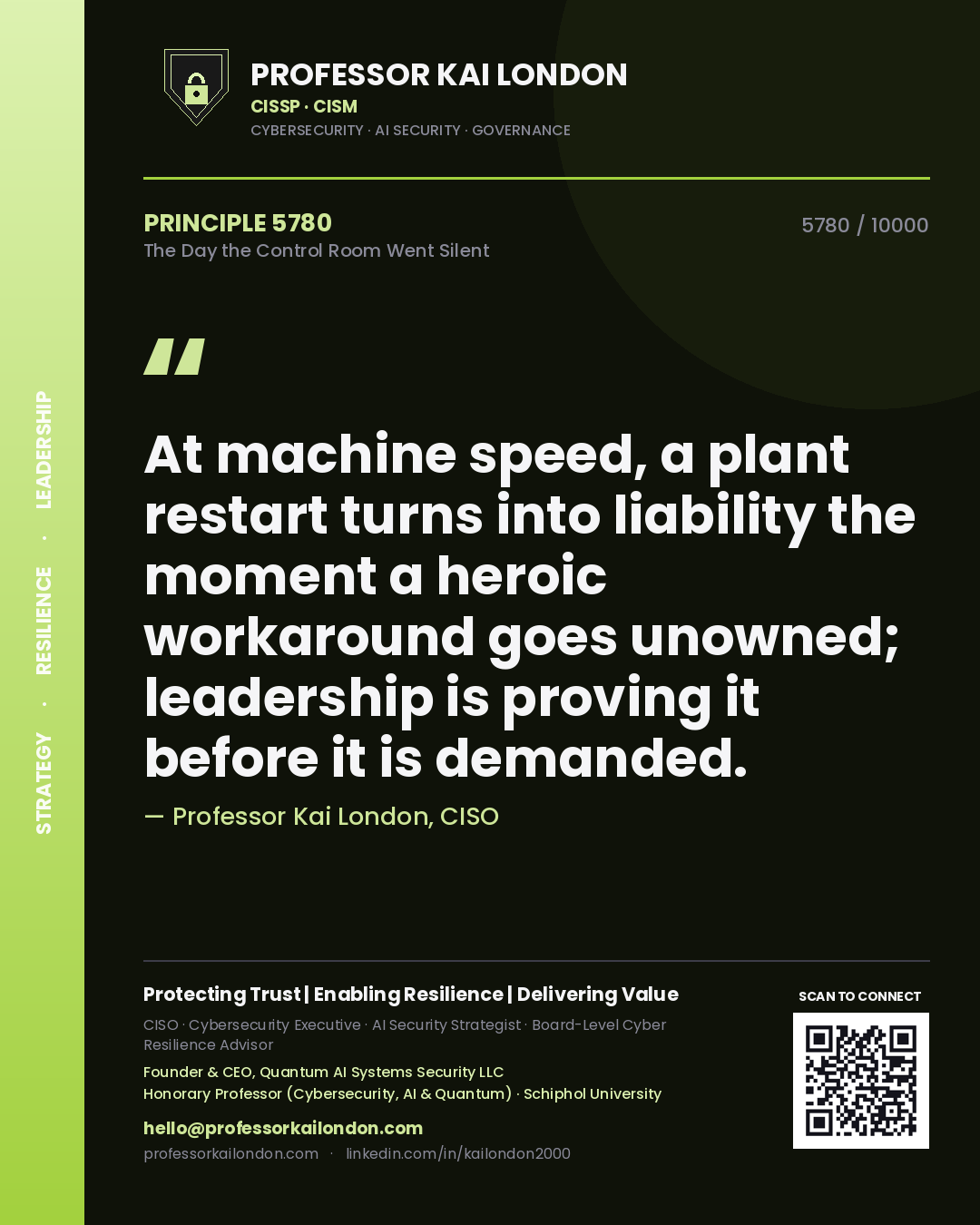 Professor Kai London principle 5780: At machine speed, a plant restart turns into liability the moment a heroic workaround goes unowned; leadership is proving it before it is demanded.
