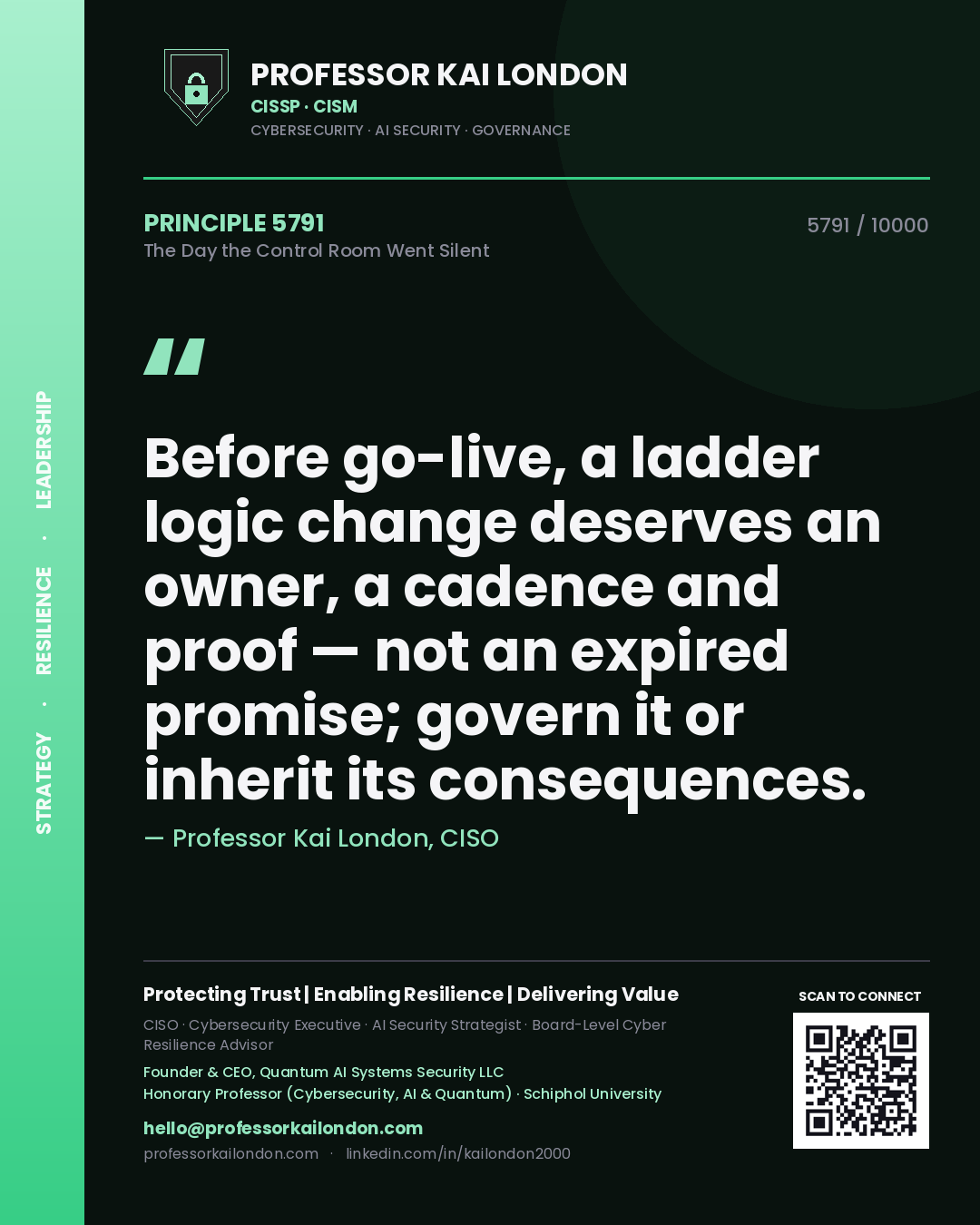 Professor Kai London principle 5791: Before go-live, a ladder logic change deserves an owner, a cadence and proof — not an expired promise; govern it or inherit its consequences.
