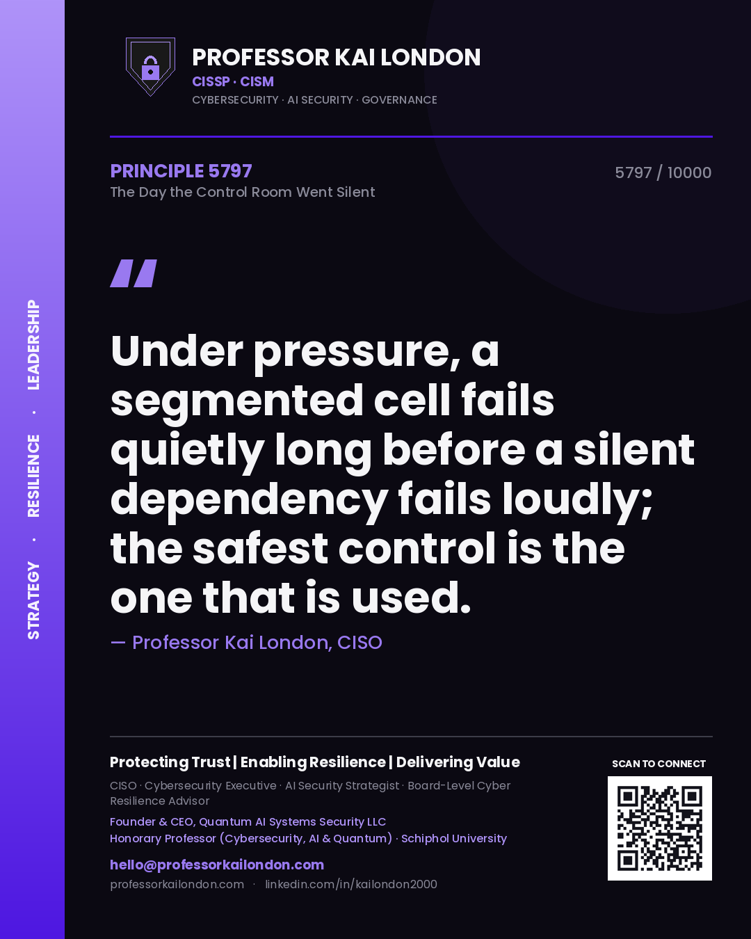 Professor Kai London principle 5797: Under pressure, a segmented cell fails quietly long before a silent dependency fails loudly; the safest control is the one that is used.