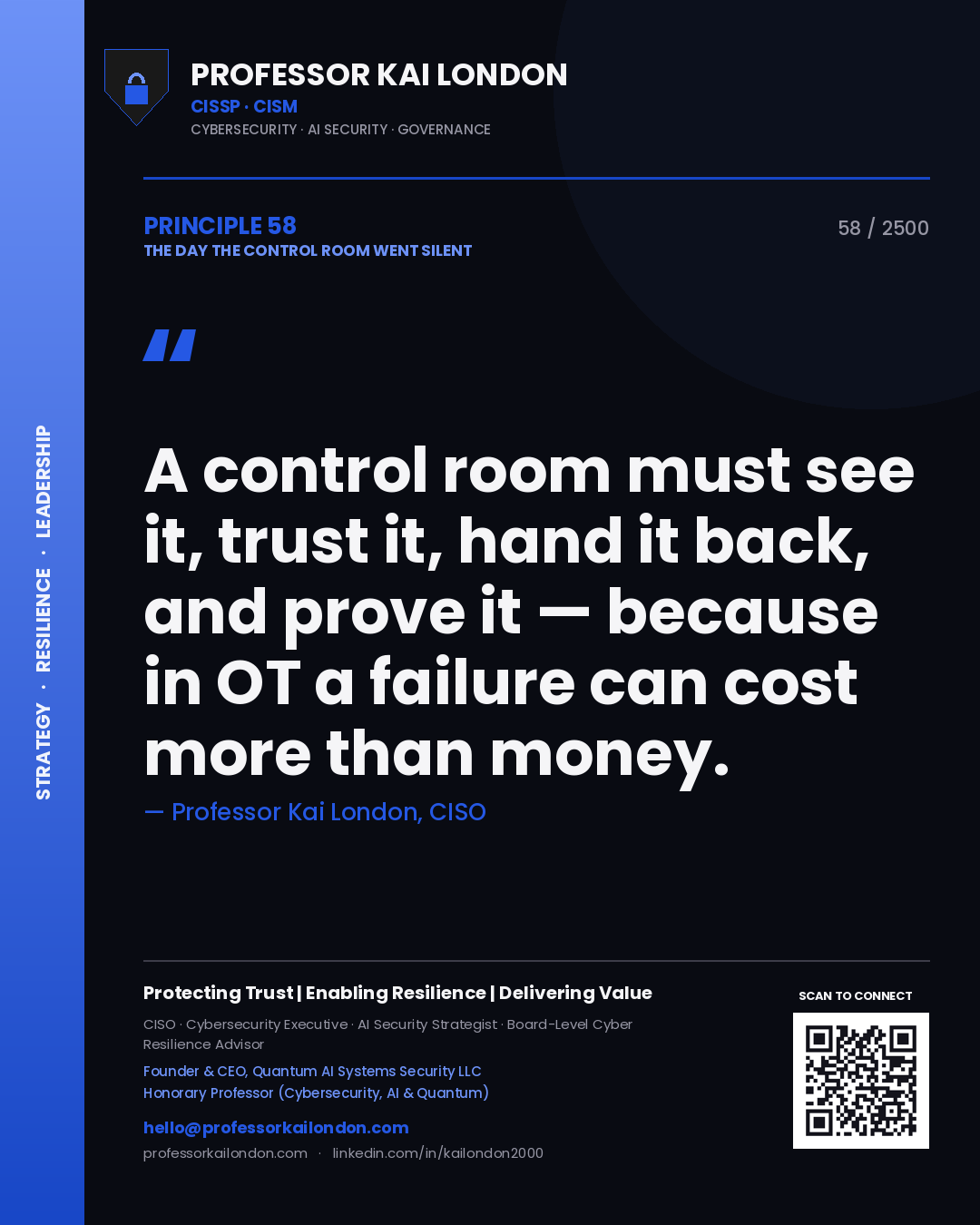 Quote card by Professor Kai London reading 'A control room must see it, trust it, hand it back, and prove it — because in OT a failure can cost more than money.'. From the book The Day the Control Room Went Silent.