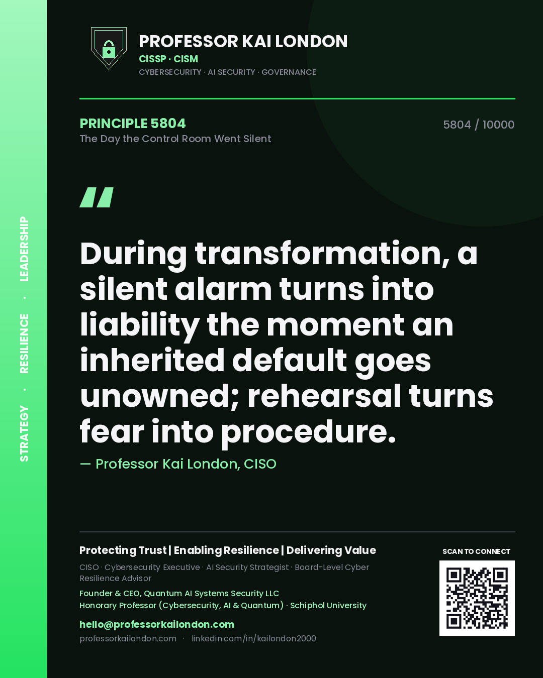 Quote card by Professor Kai London reading 'During transformation, a silent alarm turns into liability the moment an inherited default goes unowned; rehearsal turns fear into procedure.'. From the book The Day the Control Room Went Silent.