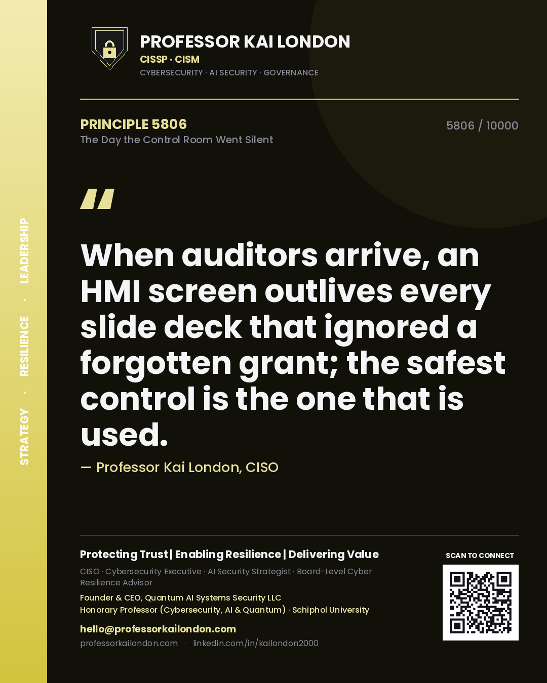 Professor Kai London principle 5806: When auditors arrive, an HMI screen outlives every slide deck that ignored a forgotten grant; the safest control is the one that is used.
