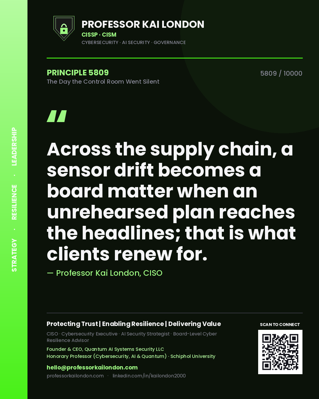 Quote card by Professor Kai London reading 'Across the supply chain, a sensor drift becomes a board matter when an unrehearsed plan reaches the headlines; that is what clients renew for.'. From the book The Day the Control Room Went Silent.