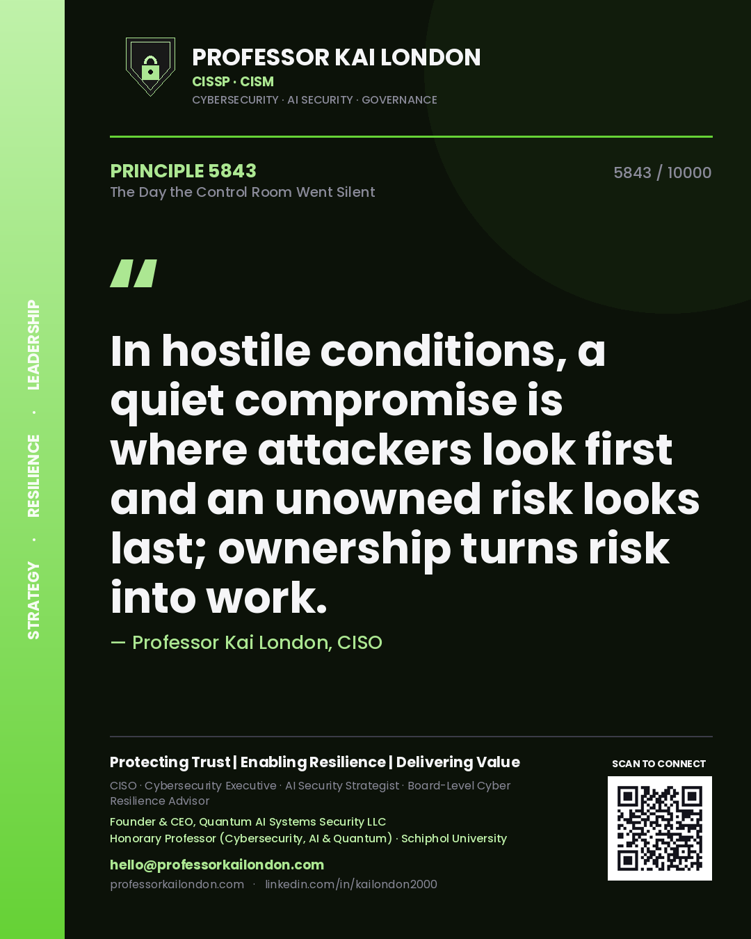 Professor Kai London principle 5843: In hostile conditions, a quiet compromise is where attackers look first and an unowned risk looks last; ownership turns risk into work.