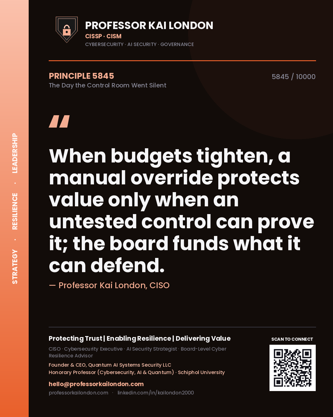 Professor Kai London principle 5845: When budgets tighten, a manual override protects value only when an untested control can prove it; the board funds what it can defend.