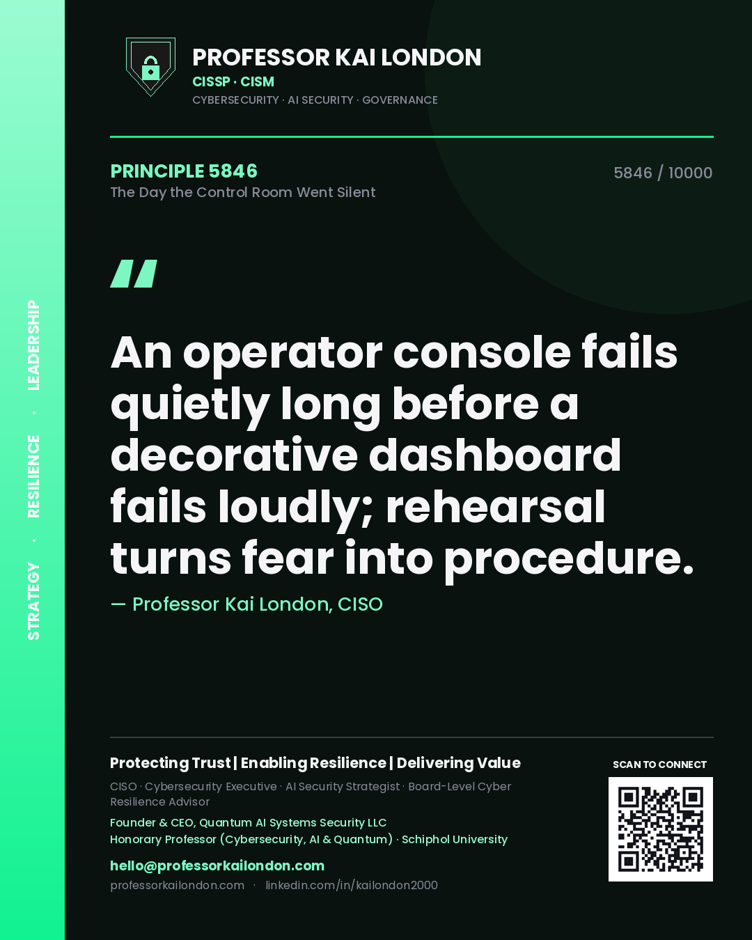 Professor Kai London principle 5846: An operator console fails quietly long before a decorative dashboard fails loudly; rehearsal turns fear into procedure.