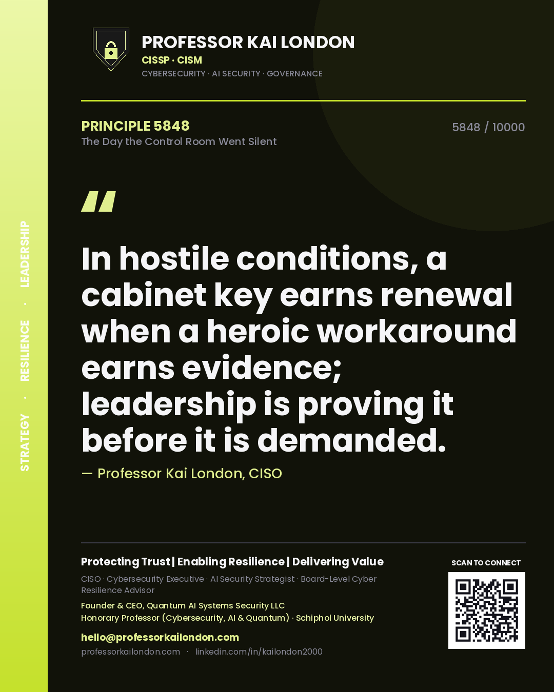 Quote card by Professor Kai London reading 'In hostile conditions, a cabinet key earns renewal when a heroic workaround earns evidence; leadership is proving it before it is demanded.'. From the book The Day the Control Room Went Silent.