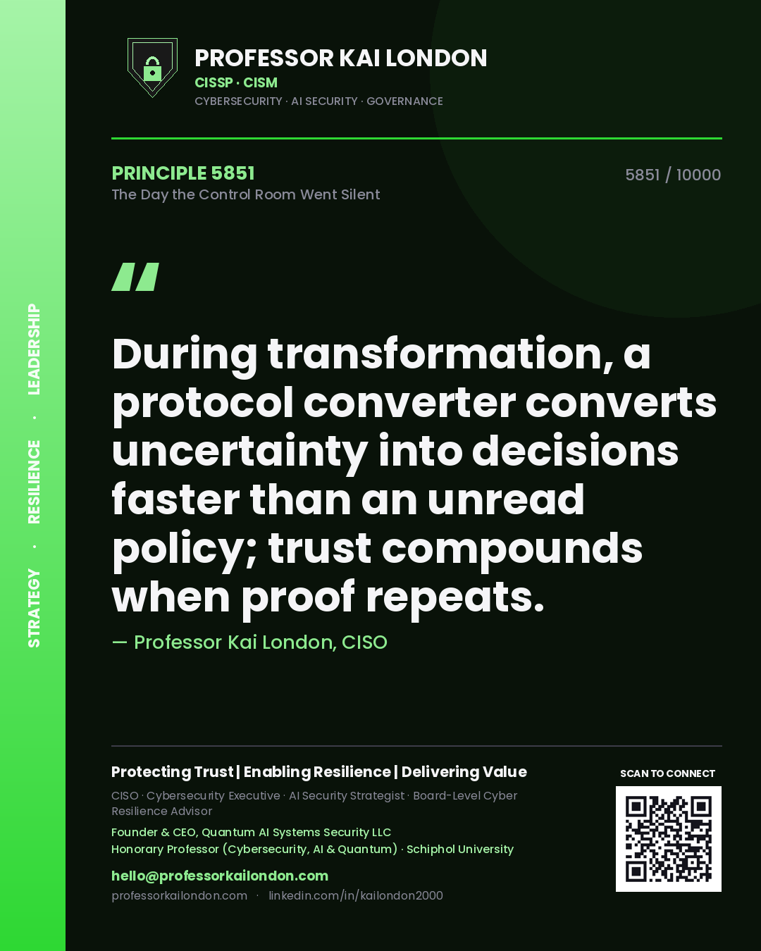 Professor Kai London principle 5851: During transformation, a protocol converter converts uncertainty into decisions faster than an unread policy; trust compounds when proof repeats.
