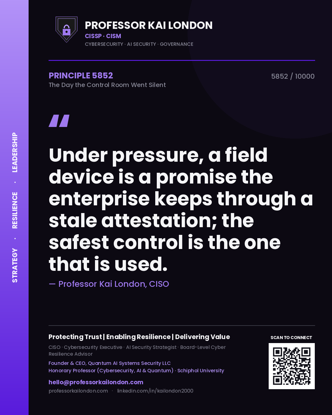Quote card by Professor Kai London reading 'Under pressure, a field device is a promise the enterprise keeps through a stale attestation; the safest control is the one that is used.'. From the book The Day the Control Room Went Silent.